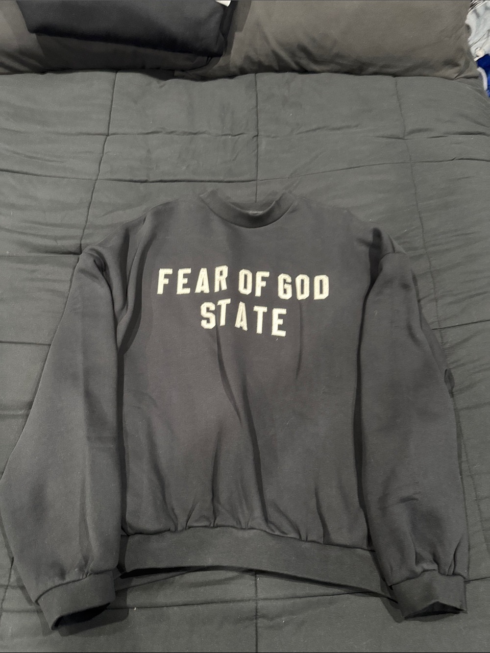 Fear of God Black Crewneck Sweatshirt with White 'FEAR OF GOD STATE' Text